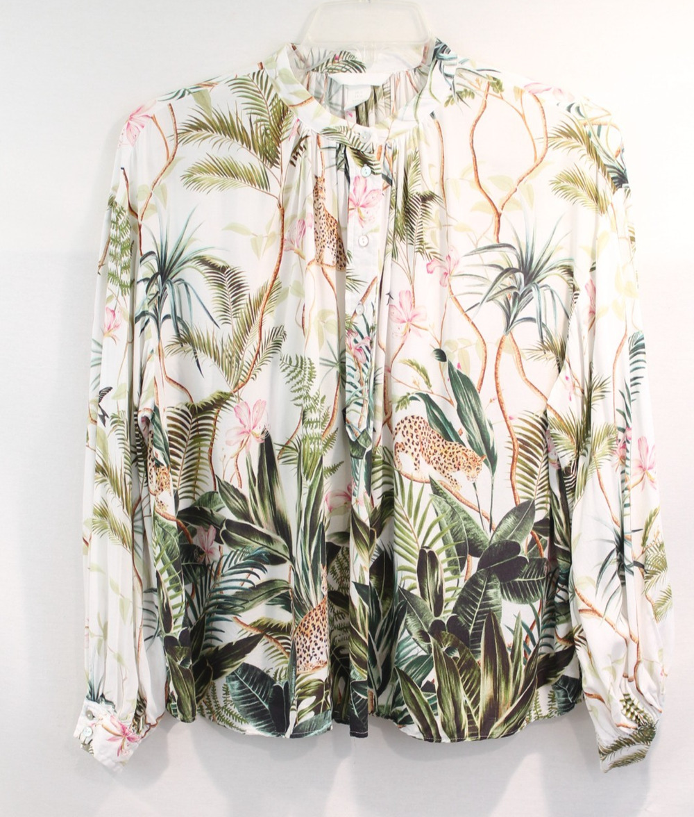 H&M Boho Jungle Print Bishop Top Womens Oversize 12 White 1/2 Button Pullover